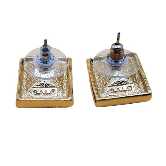 Vintage Signed SAL Swarovski Red Crystal Gold Plated Rectangle Earrings - Picture 5 of 7